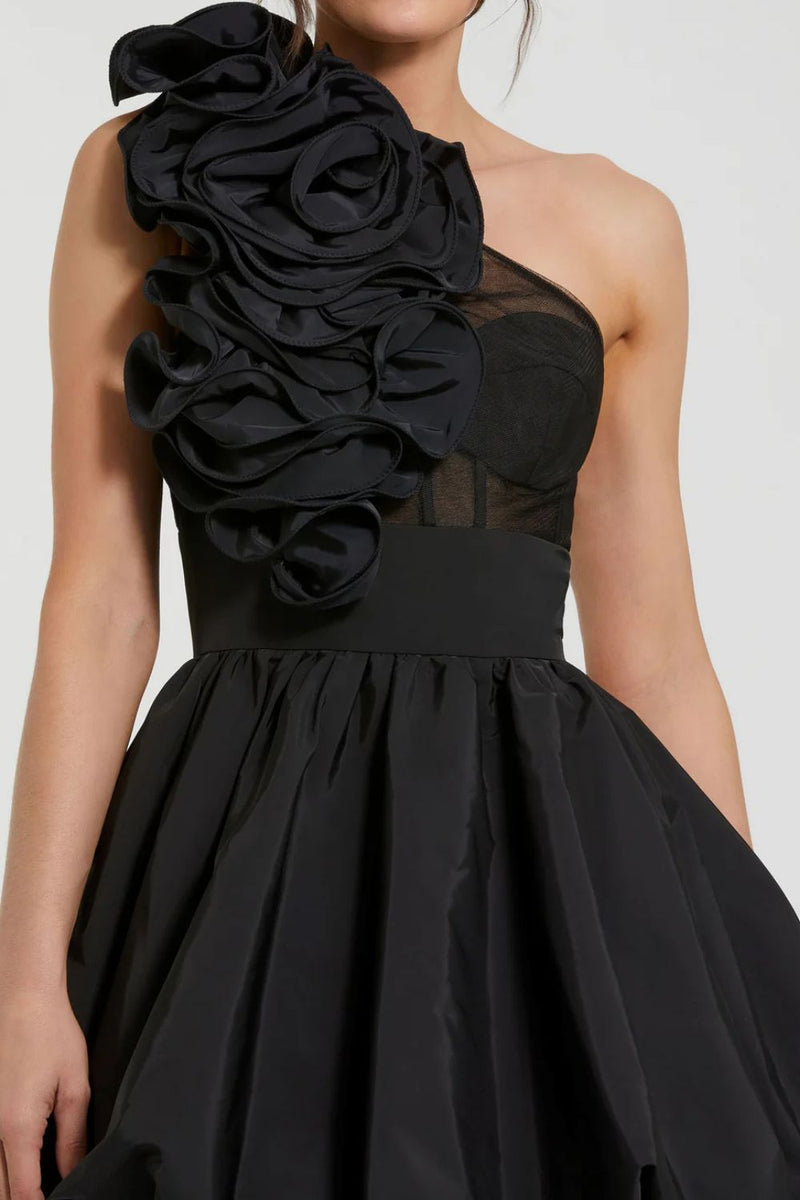 49858-Taffeta One Shoulder Ruffle Bubble Mini Dress by Mac Duggal in black color for women Worldwide