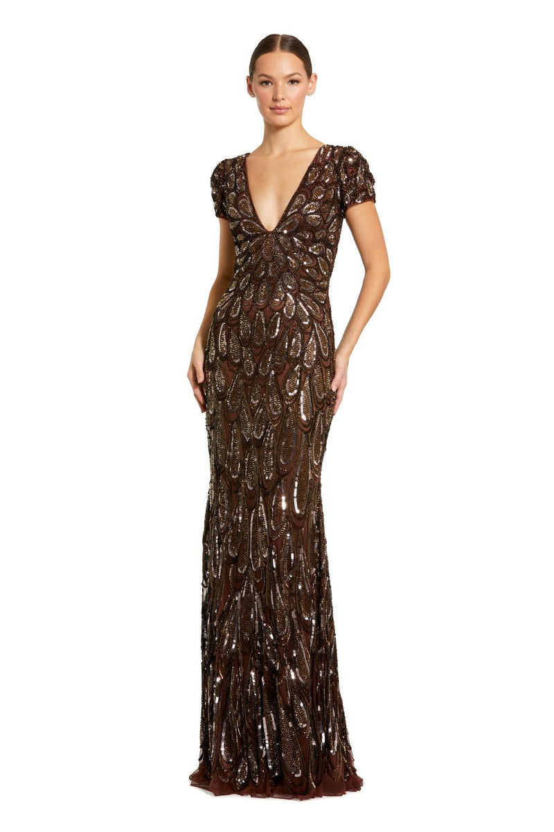 5243-Brown Beaded Embellished V Neck Cap Sleeve Column Gown by Mac Duggal in brown color for women Worldwide