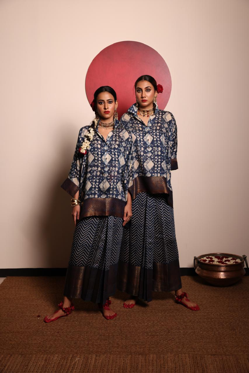 Indigo Chanderi Silk Shirt & Wrap Skirt silk by Sabo by Sabina for women Worldwide