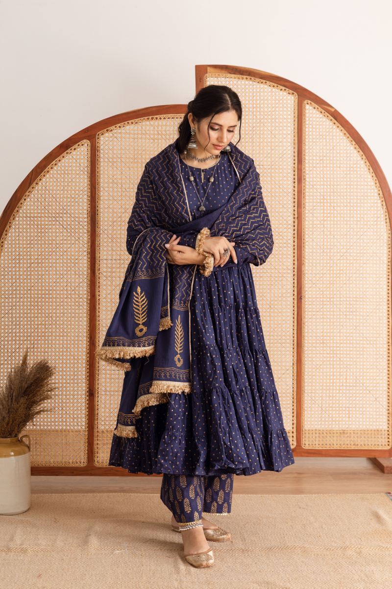Neela Kurta Set - blue hand printed cotton kalidar suit set cotton by Maison Shefali in blue color for women Worldwide