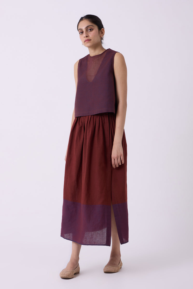 Fuwari Brown Colourblocked Handwoven Midi Skirt handwoven cotton skirt by The Summer House in brown for women Worldwide