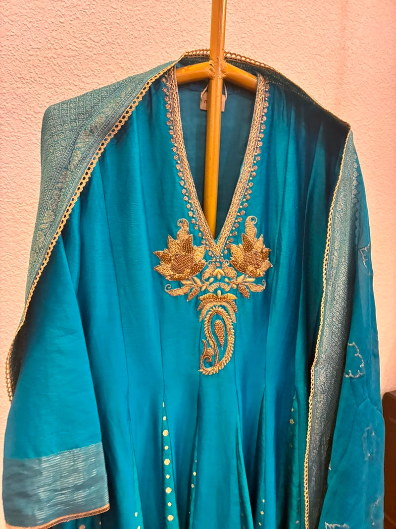 Parijat Kurta Set brocade, chanderi silk kurta/kurta set by Myoho in turqouise for women Worldwide