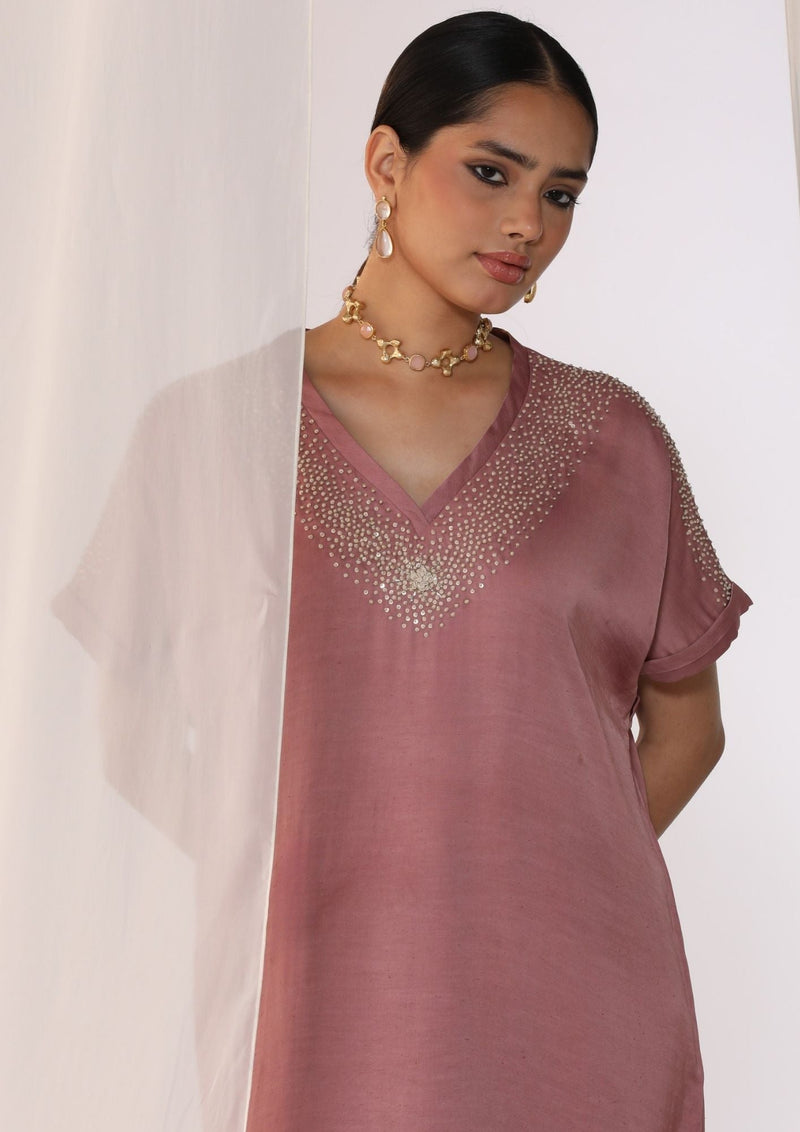 Linen satin co-ord set with knot handwork embroidery satin by Myoho in pink color for women Worldwide