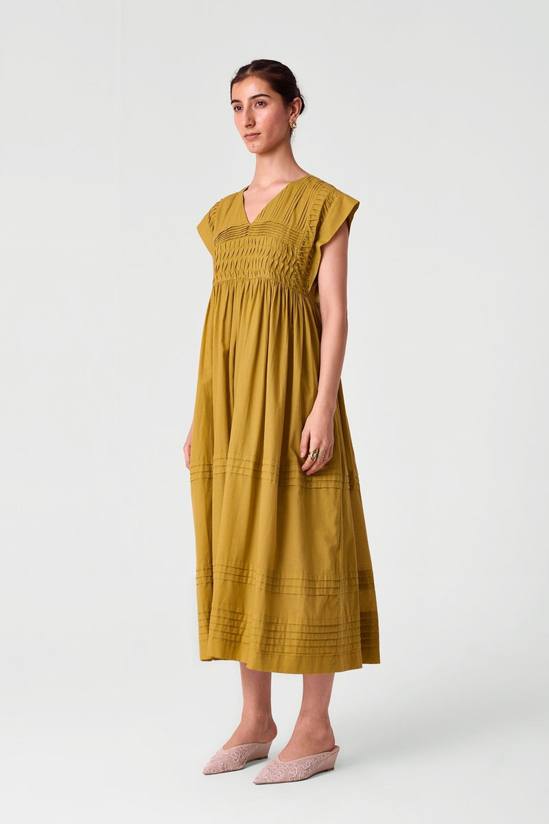 Aelia Yellow Pleated Midi Dress