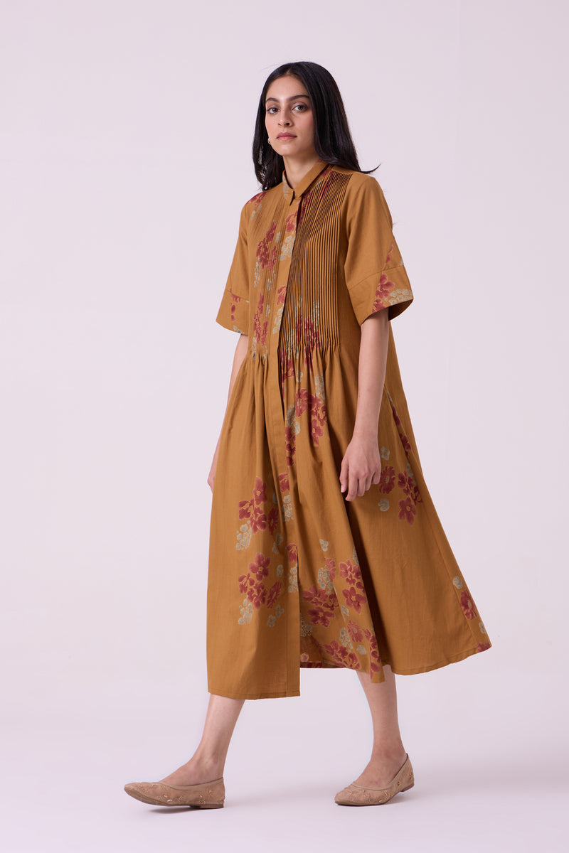 Minerva Floral Hand Printed Midi Dress hand block printed handwoven khadi x cotton dress by The Summer House in brown for women Worldwide