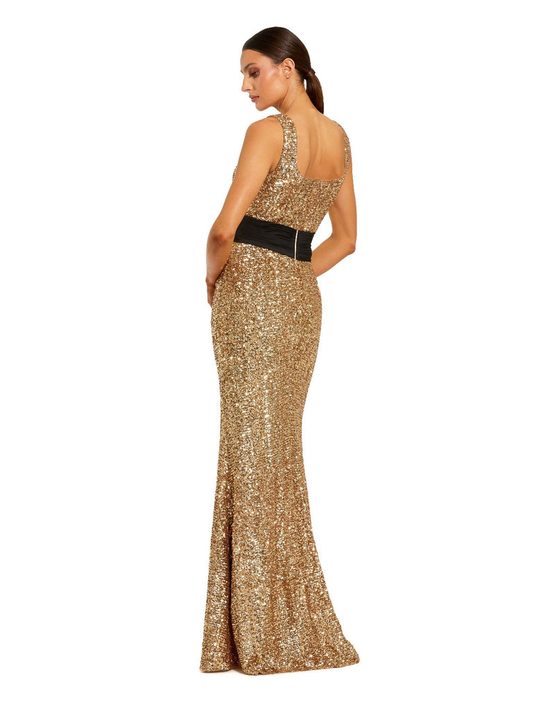 21160 - Gold Sequin Square Neck Column Gown With Faille Bow by Mac Duggal in gold color for women Worldwide