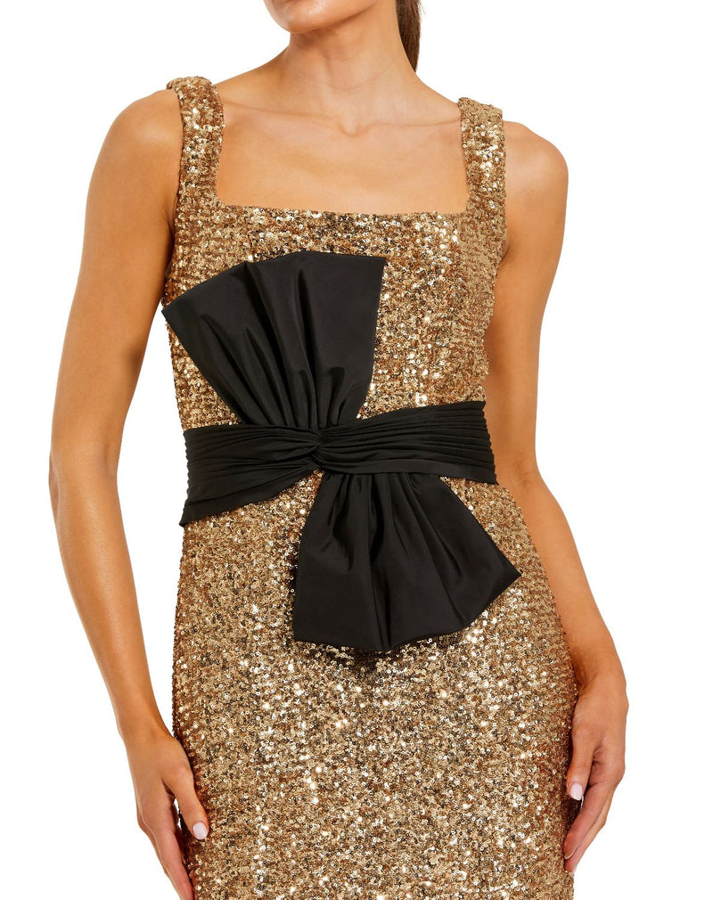 21160 - Gold Sequin Square Neck Column Gown With Faille Bow by Mac Duggal in gold color for women Worldwide