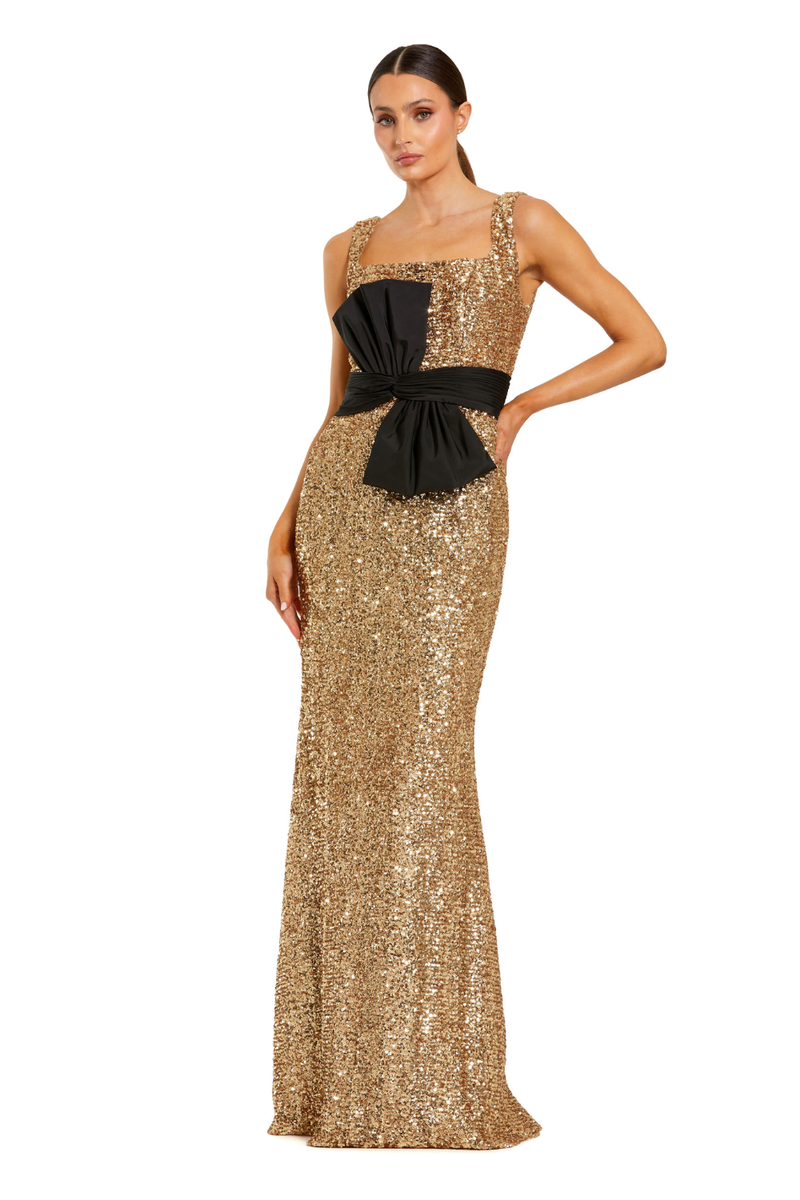 21160 - Gold Sequin Square Neck Column Gown With Faille Bow by Mac Duggal in gold color for women Worldwide