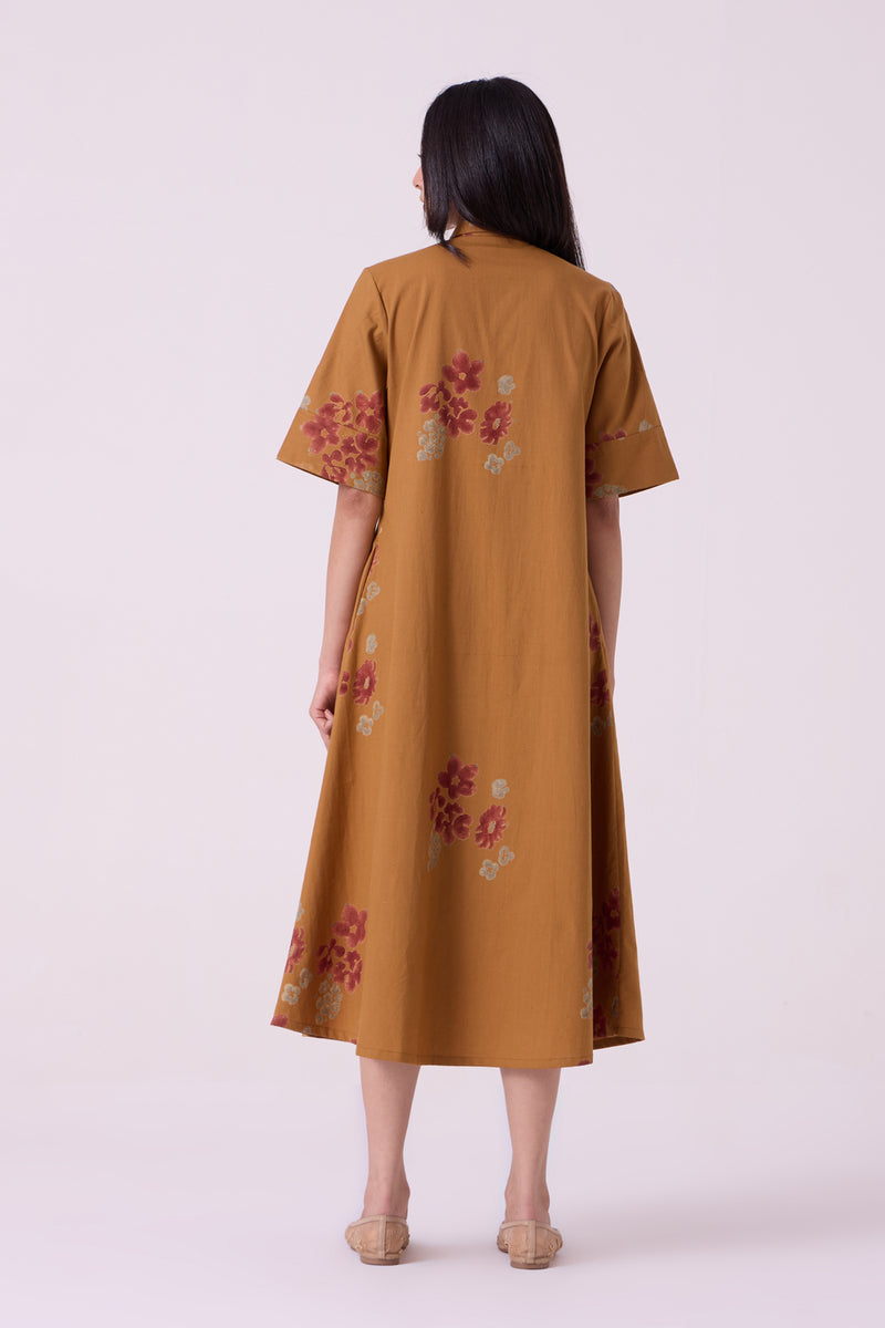 Minerva Floral Hand Printed Midi Dress hand block printed handwoven khadi x cotton dress by The Summer House in brown for women Worldwide