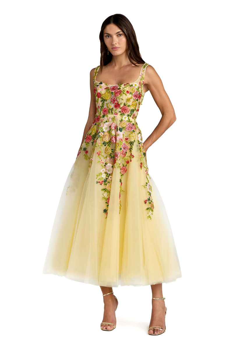 21294 - Yellow Embroidered Tulle A-Line Midi Dress by Mac Duggal in yellow color for women Worldwide