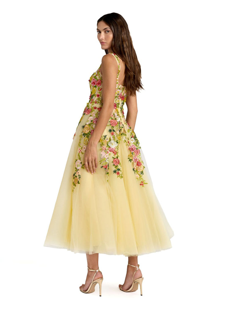 21294 - Yellow Embroidered Tulle A-Line Midi Dress by Mac Duggal in yellow color for women Worldwide