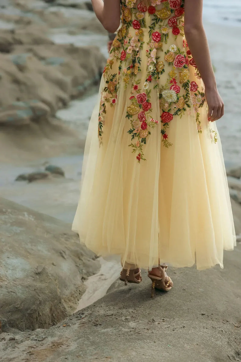 21294 - Yellow Embroidered Tulle A-Line Midi Dress by Mac Duggal in yellow color for women Worldwide