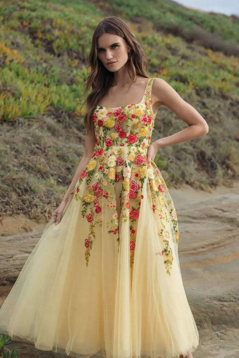 21294 - Yellow Embroidered Tulle A-Line Midi Dress by Mac Duggal in yellow color for women Worldwide