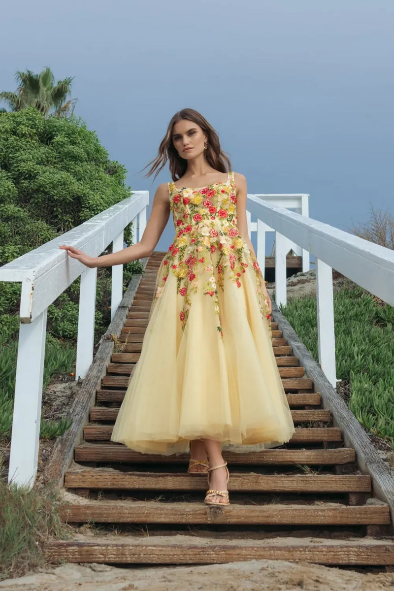 21294 - Yellow Embroidered Tulle A-Line Midi Dress by Mac Duggal in yellow color for women Worldwide