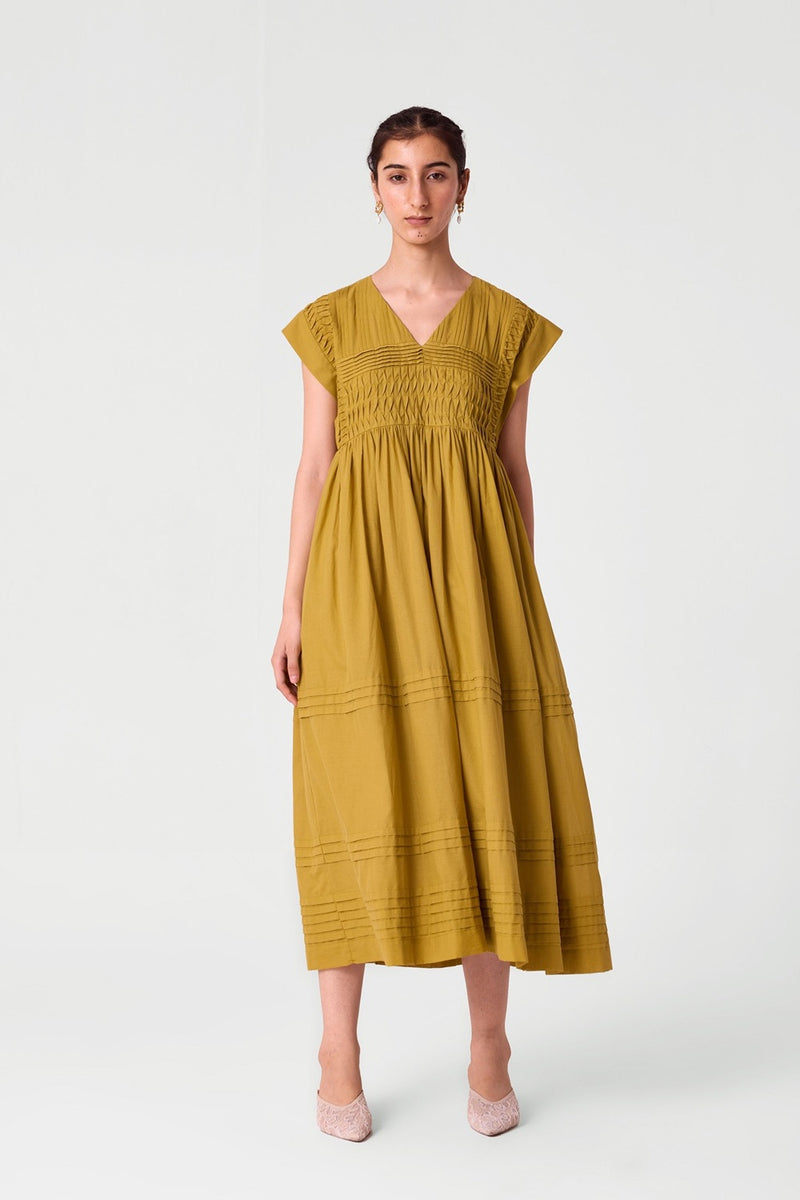 Aelia Yellow Pleated Midi Dress
