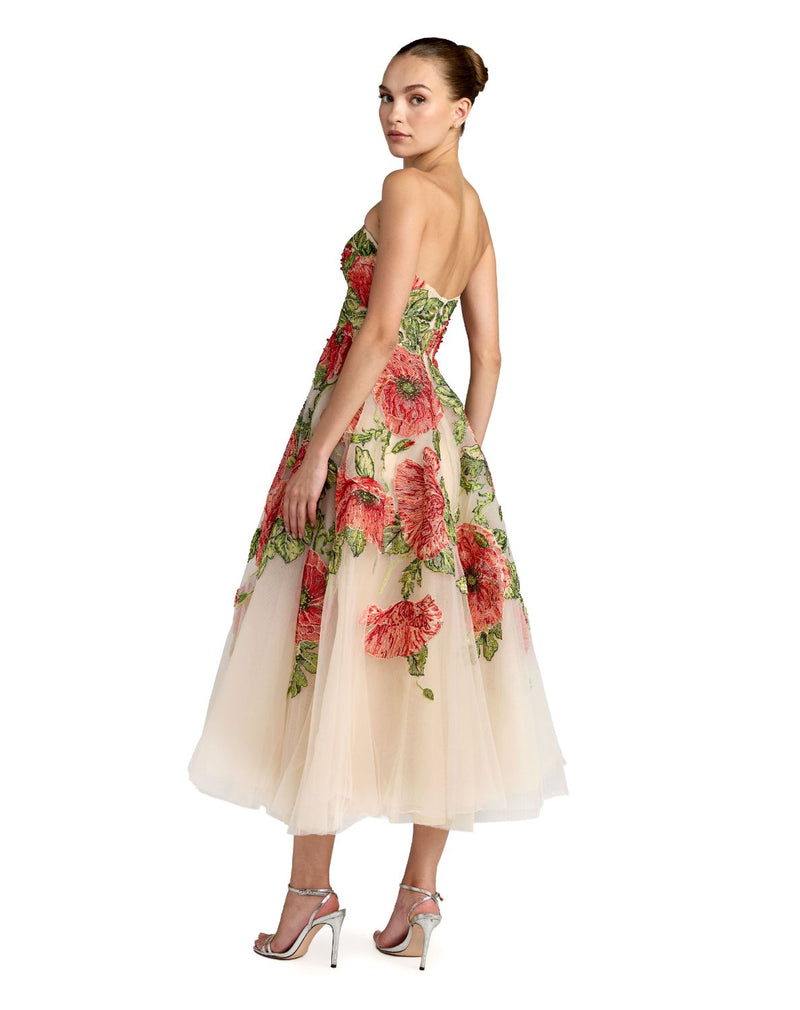 21300 - Beige Strapless Floral Embroidered A-Line Midi Dress by Mac Duggal in beige color for women Worldwide