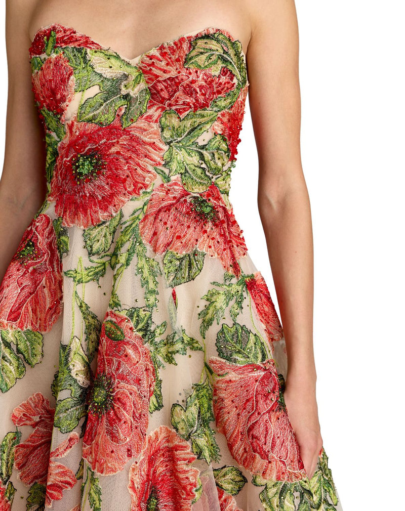 21300 - Beige Strapless Floral Embroidered A-Line Midi Dress by Mac Duggal in beige color for women Worldwide