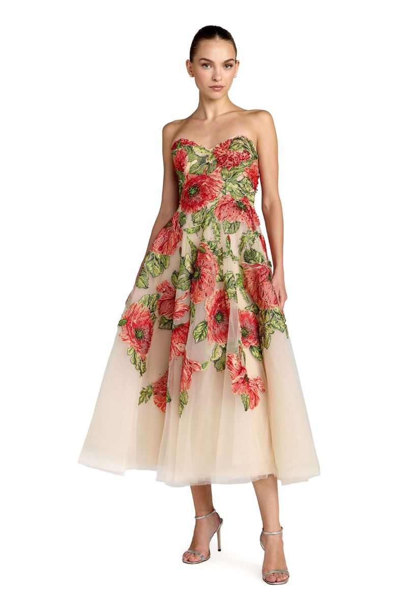 21300 - Beige Strapless Floral Embroidered A-Line Midi Dress by Mac Duggal in beige color for women Worldwide