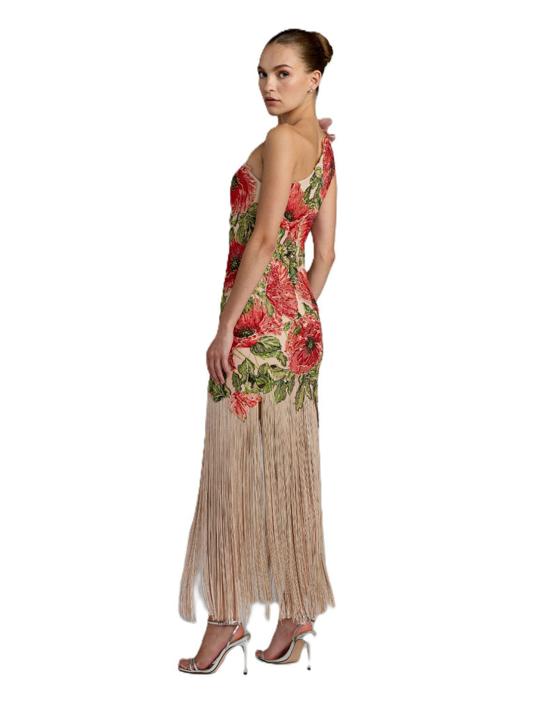 21303 - Beige one shoulder Fringe detail Long Dress by Mac Duggal in beige color for women Worldwide