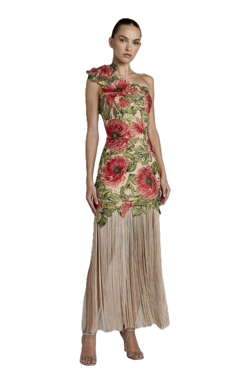 21303 - Beige one shoulder Fringe detail Long Dress by Mac Duggal in beige color for women Worldwide