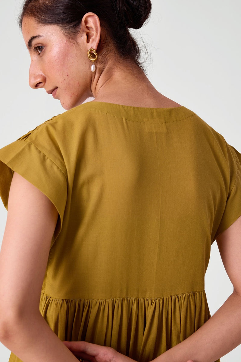 Aelia Yellow Pleated Midi Dress