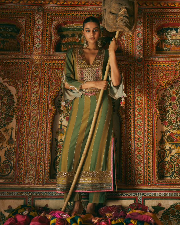 Khel Olive Green Yoke Embellished Kurta Set by Rajiramniq in green color for women Worldwide
