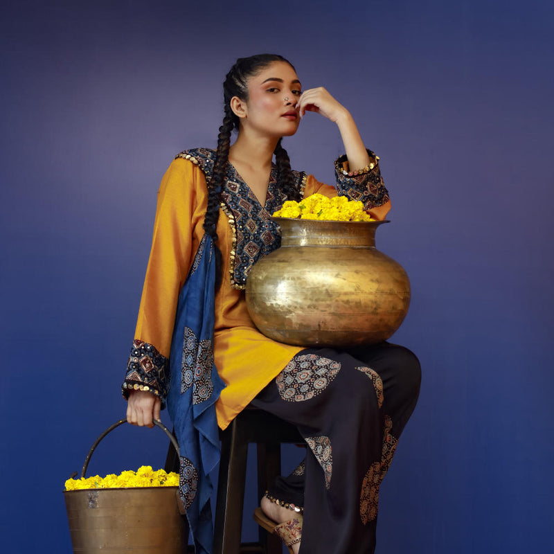 Bariyan Mustard Salwar Kameez silk by PRAHNAAYA in yellow color for women Worldwide
