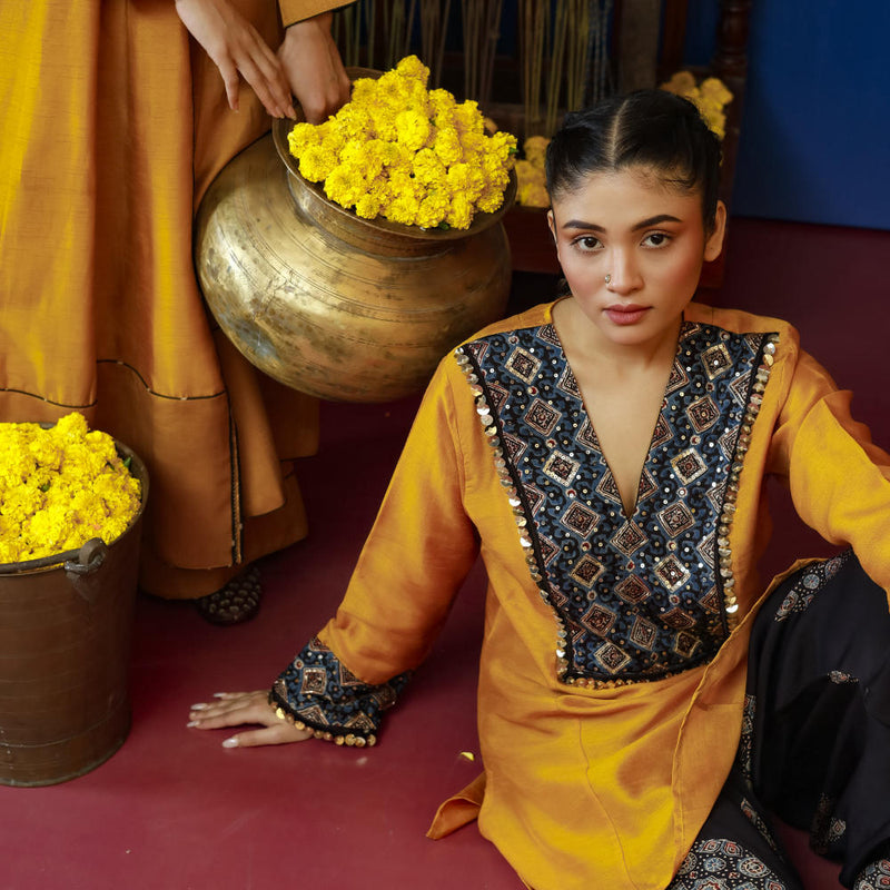 Bariyan Mustard Salwar Kameez silk by PRAHNAAYA in yellow color for women Worldwide