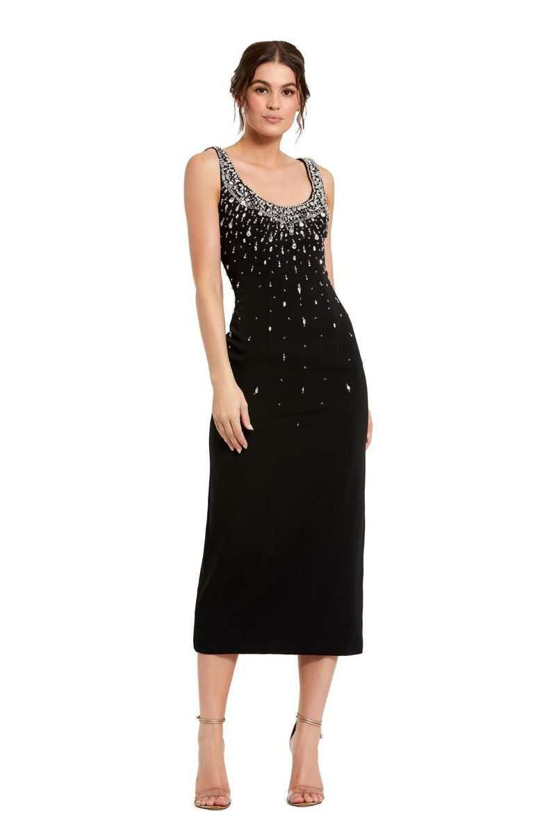 2259-Black Beaded Crepe Scoop Neck Sleeveless Midi Dress by Mac Duggal in black color for women Worldwide