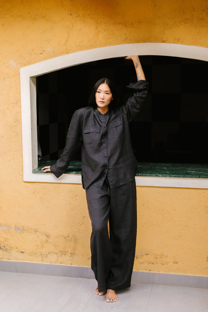 IKOU UNISEX RELAXED SET linen by Ituvana in black color for women Worldwide