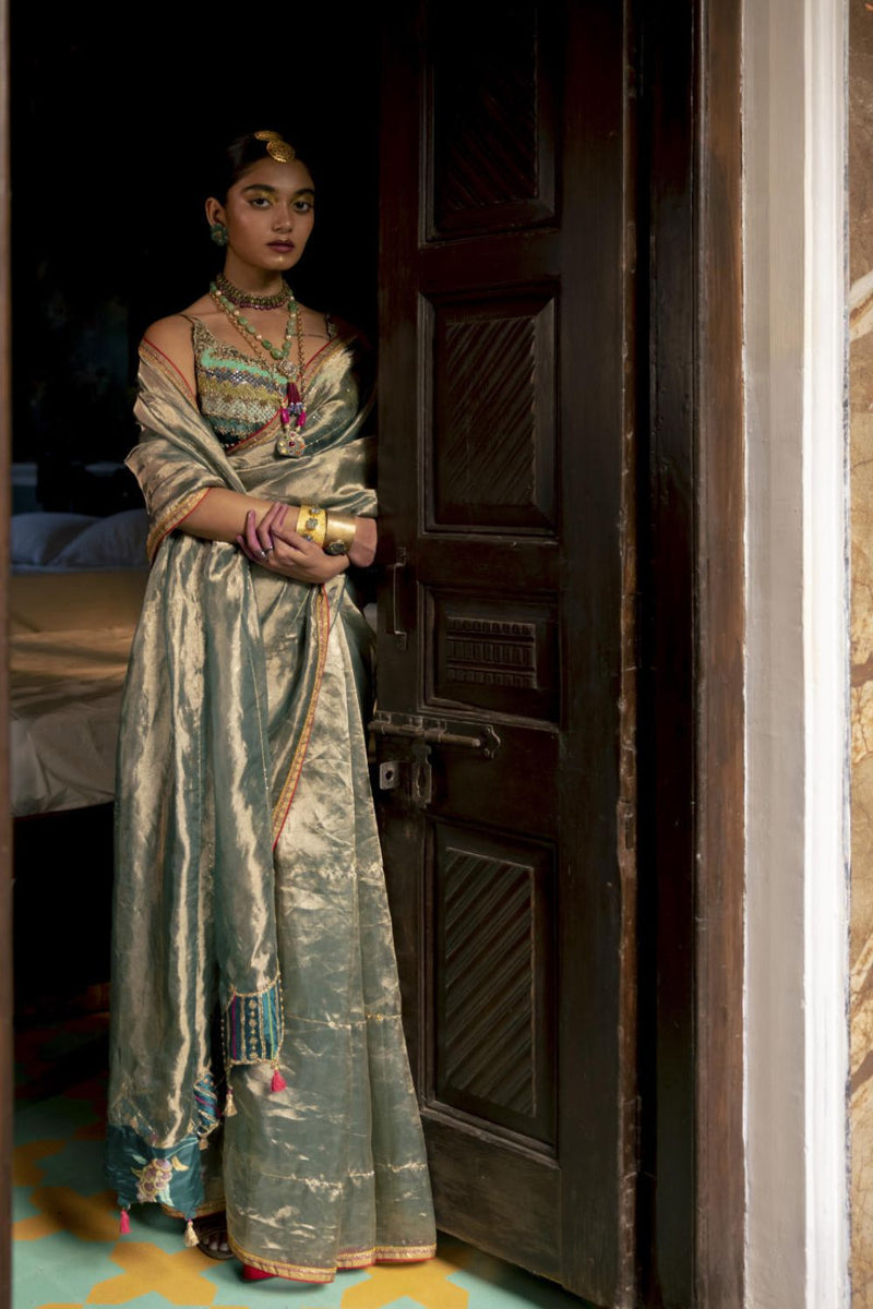 Fariba Teal Tissue Sari Set Sarees by Rajiramniq for women Worldwide