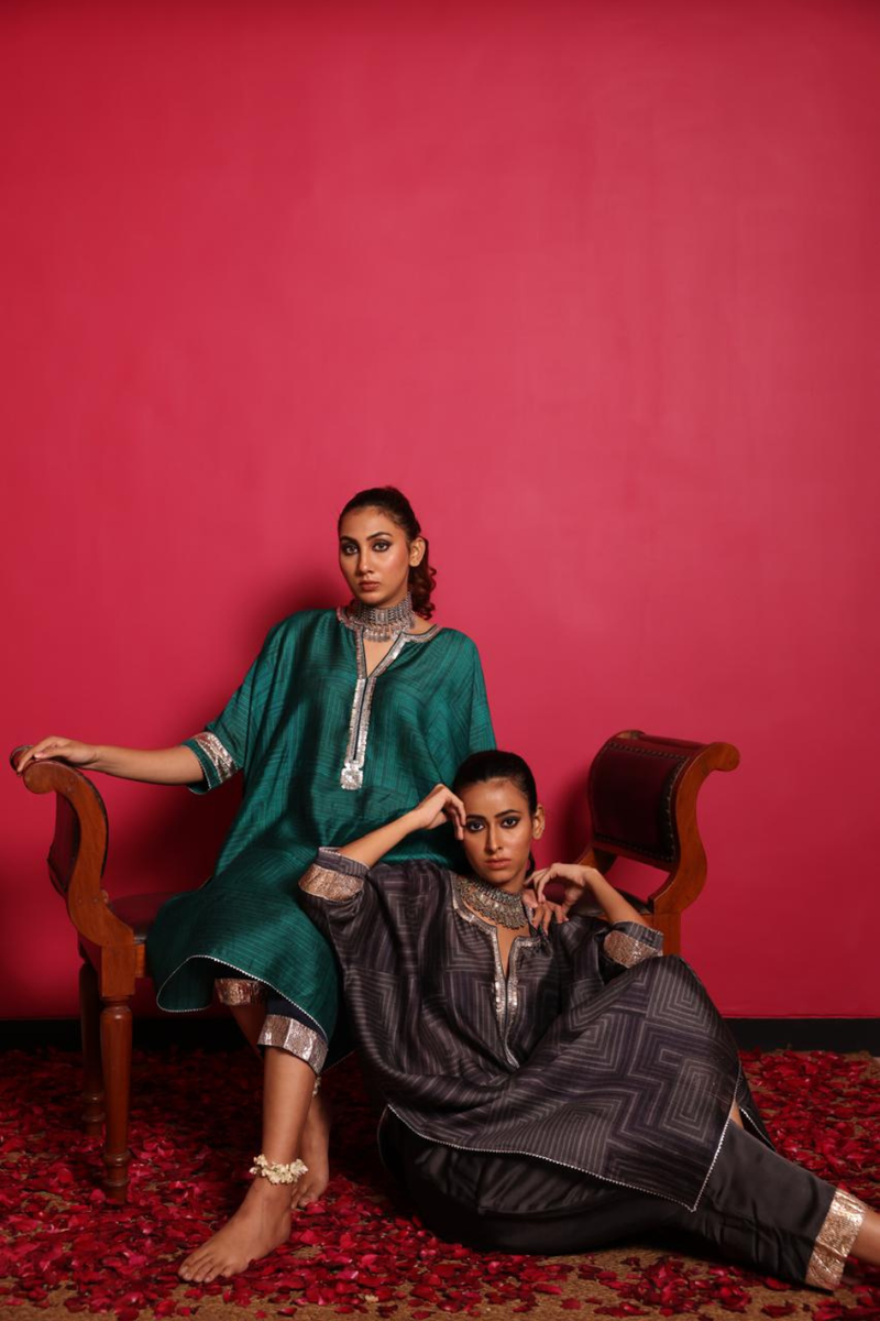Geometric Print Tussore Kurta & Pant Set silk by Sabo by Sabina for women Worldwide