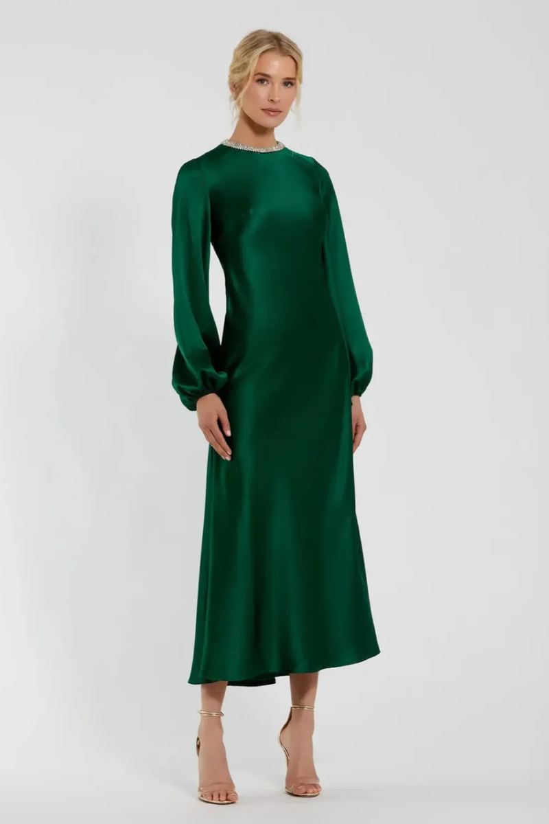 Green High Neck Long Sleeve Crystal Detail Dress satin by Mac Duggal for women Worldwide