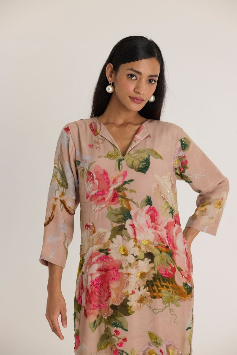 HAZEL EMBROIDERED KURTA SET by Yam in pink color for women Worldwide