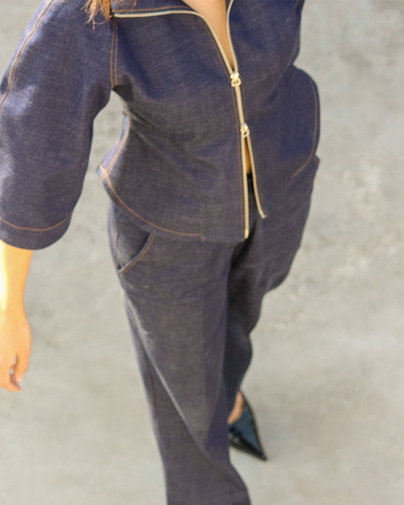 Denim Zip Top linen by Leh Studios in blue color for women Worldwide