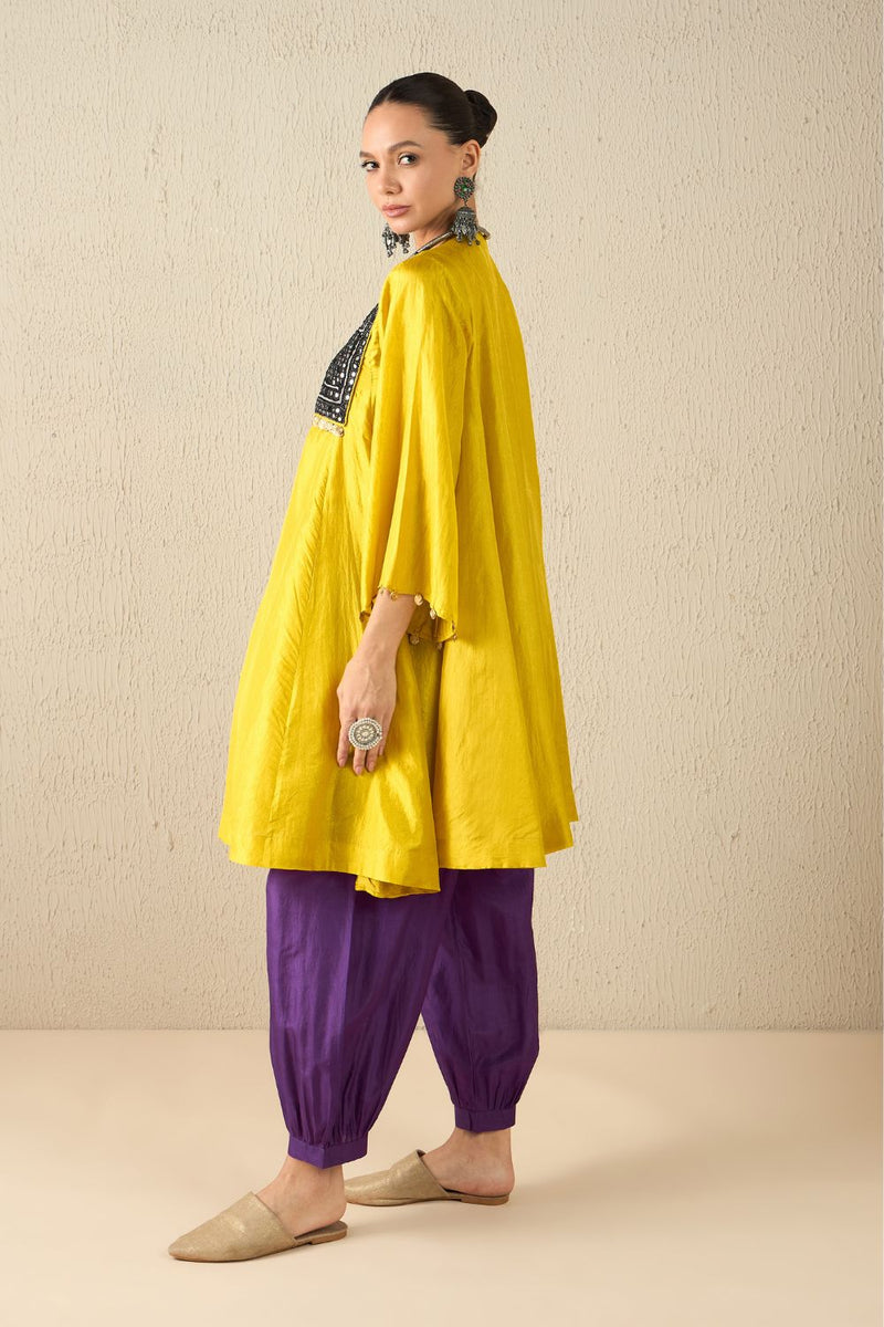 AFGHANI SILK SET - Yellow upper, Purple pants silk by Aavidi in yellow color for women Worldwide