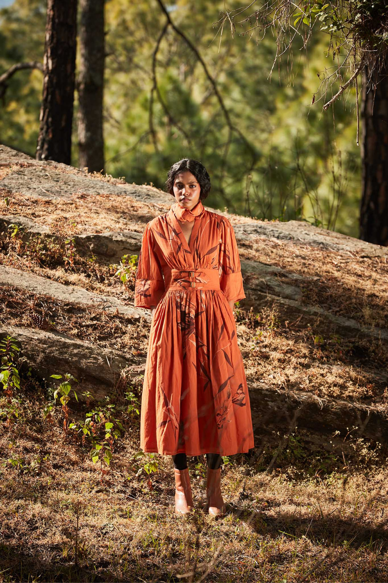 Sunset in the mountains dress cotton by Khara Kapas in orange for women Worldwide