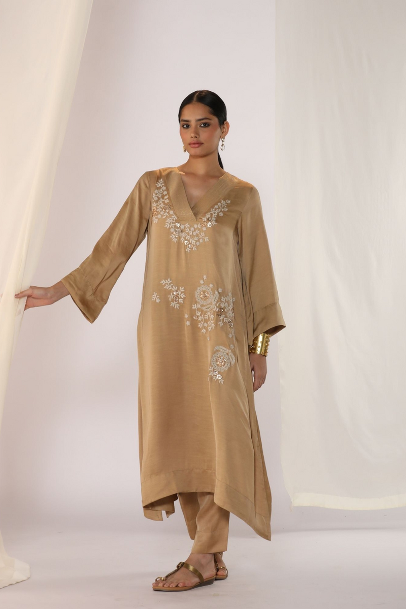 Linen satin v neck kurta with scatter embroidery satin by Myoho in beige color for women Worldwide