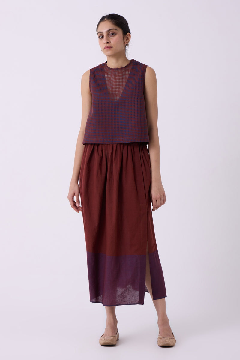 Fuwari Brown Colourblocked Handwoven Midi Skirt handwoven cotton skirt by The Summer House in brown for women Worldwide