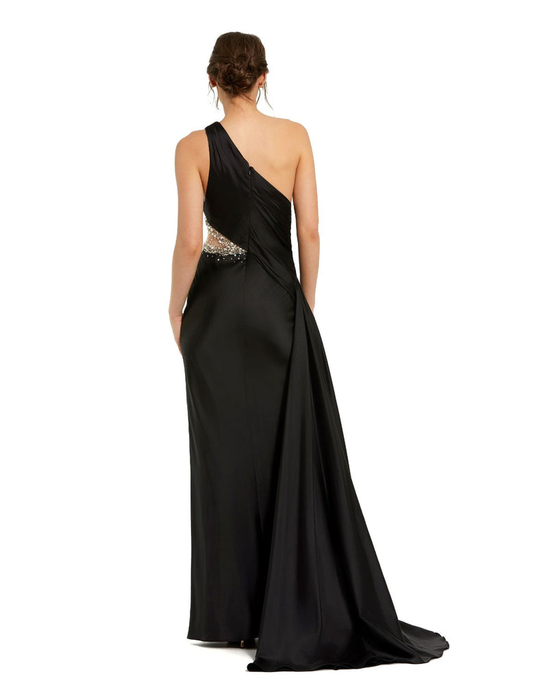 2210 - Black One Shoulder Charmeuse Gown With Beaded Cutout by Mac Duggal in black color for women Worldwide