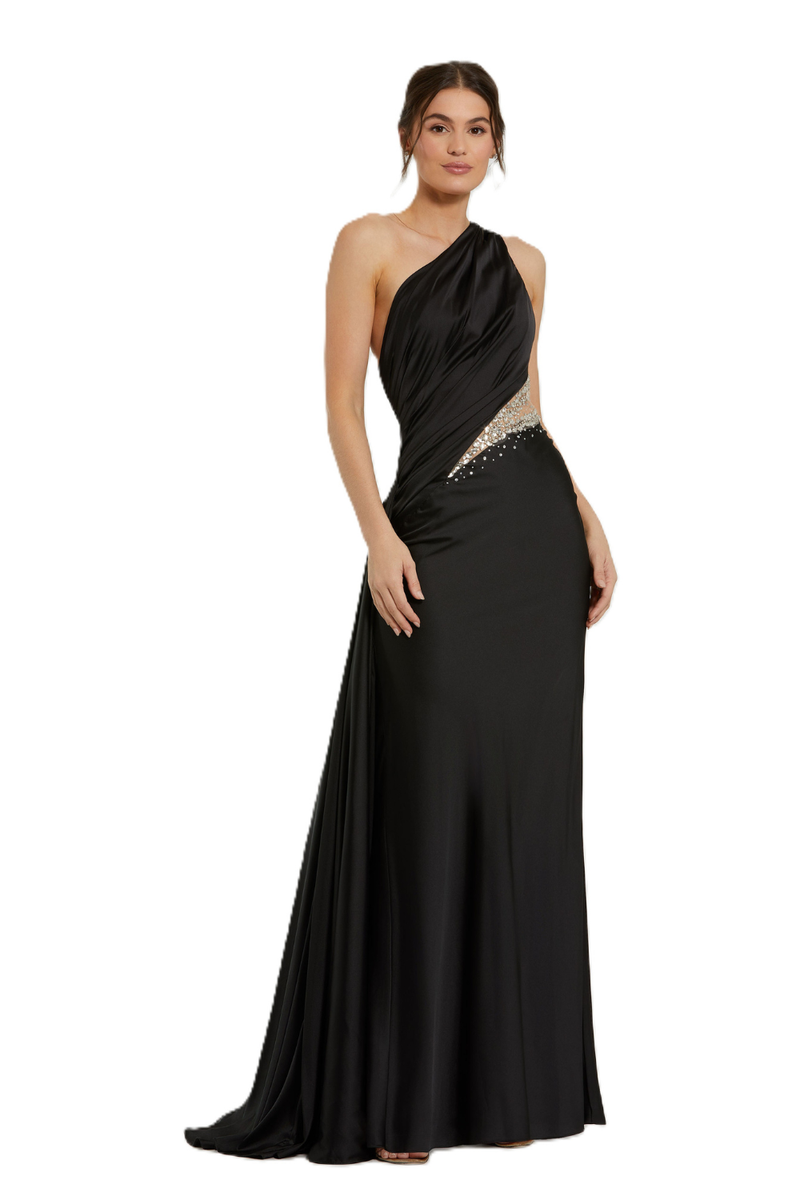 2210 - Black One Shoulder Charmeuse Gown With Beaded Cutout by Mac Duggal in black color for women Worldwide