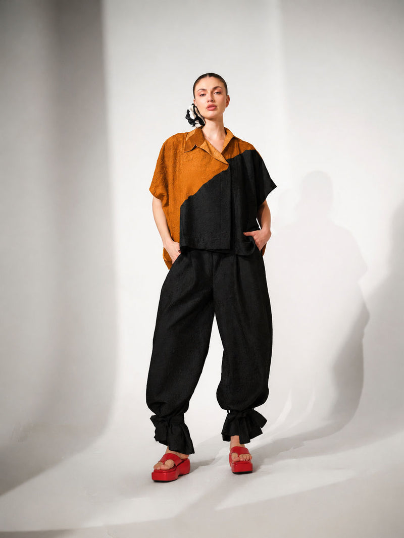 Emerge Overlay-Ochre + Black crushed silk jacktes and overlays by Stoique in ochre, black for women Worldwide