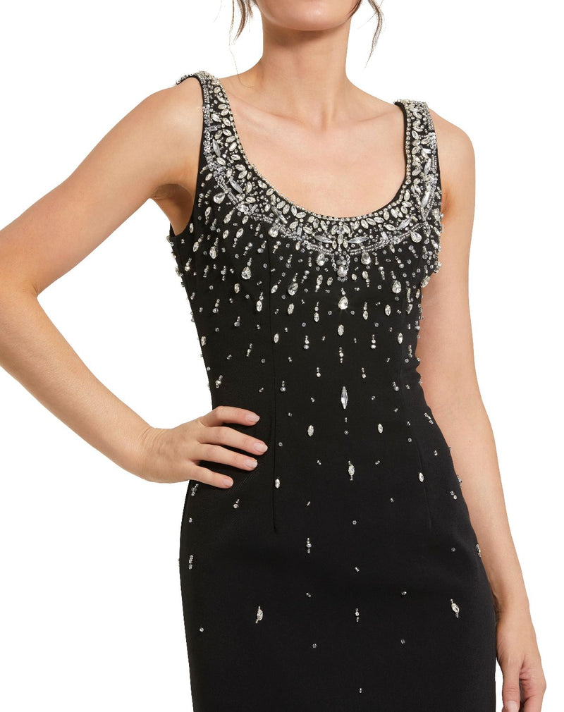 2259-Black Beaded Crepe Scoop Neck Sleeveless Midi Dress by Mac Duggal in black color for women Worldwide