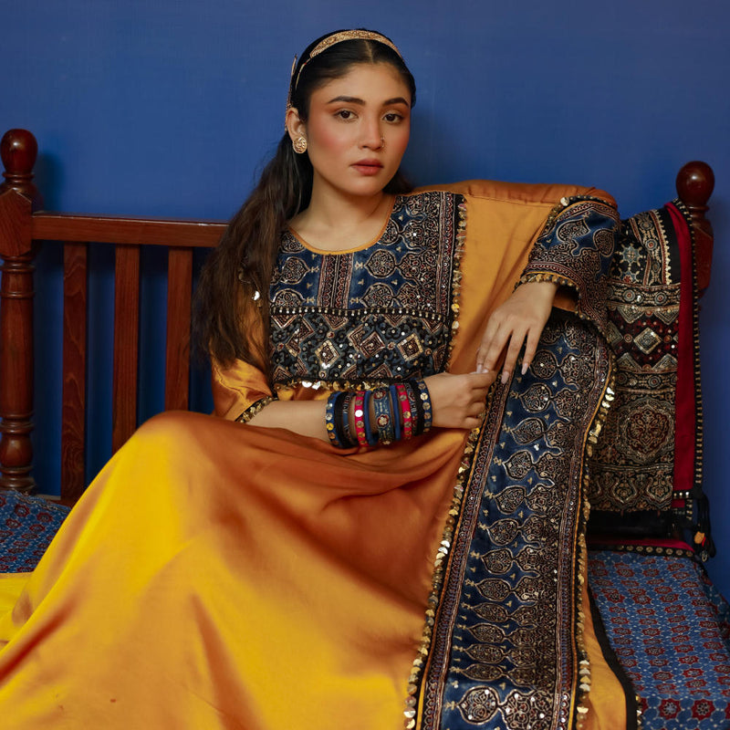 Saron Mustard Kaftan Set satin by PRAHNAAYA in yellow color for women Worldwide