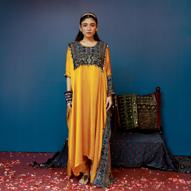 Saron Mustard Kaftan Set satin by PRAHNAAYA in yellow color for women Worldwide