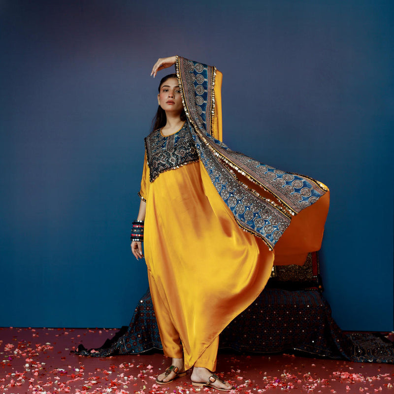 Saron Mustard Kaftan Set satin by PRAHNAAYA in yellow color for women Worldwide