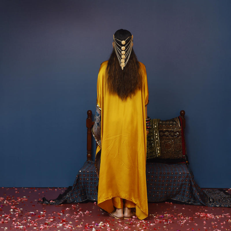 Saron Mustard Kaftan Set satin by PRAHNAAYA in yellow color for women Worldwide