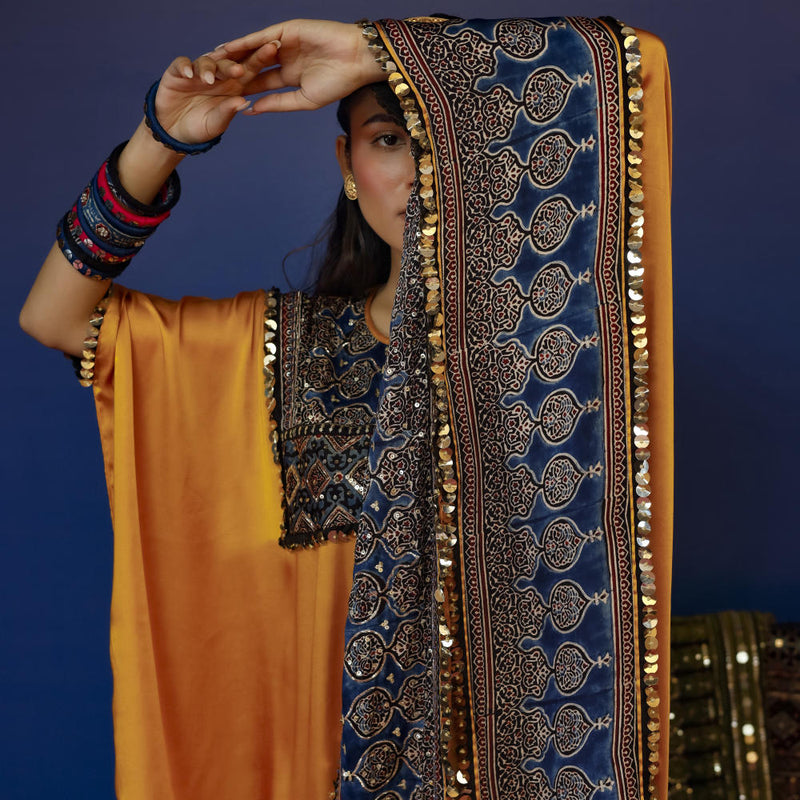 Saron Mustard Kaftan Set satin by PRAHNAAYA in yellow color for women Worldwide
