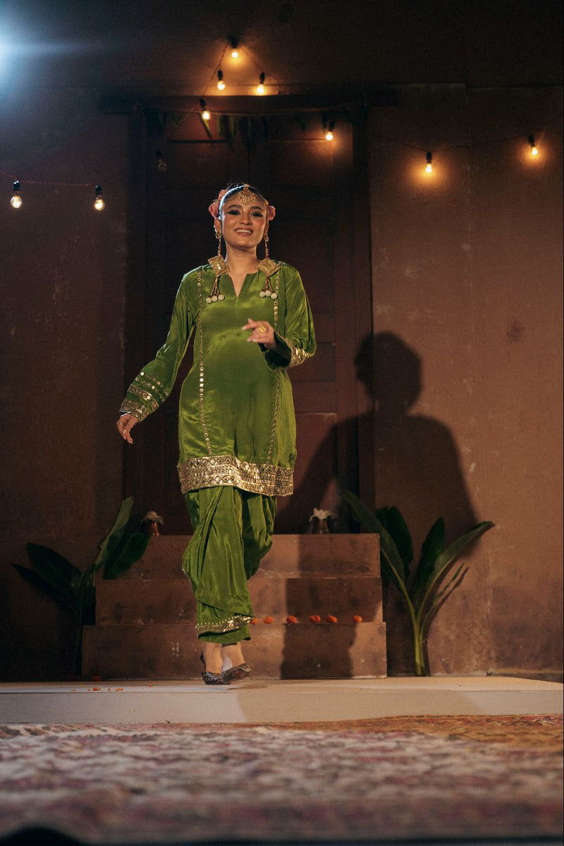 Sunira Kurta Skirt Set- Mehendi silk by PRAHNAAYA for women Worldwide