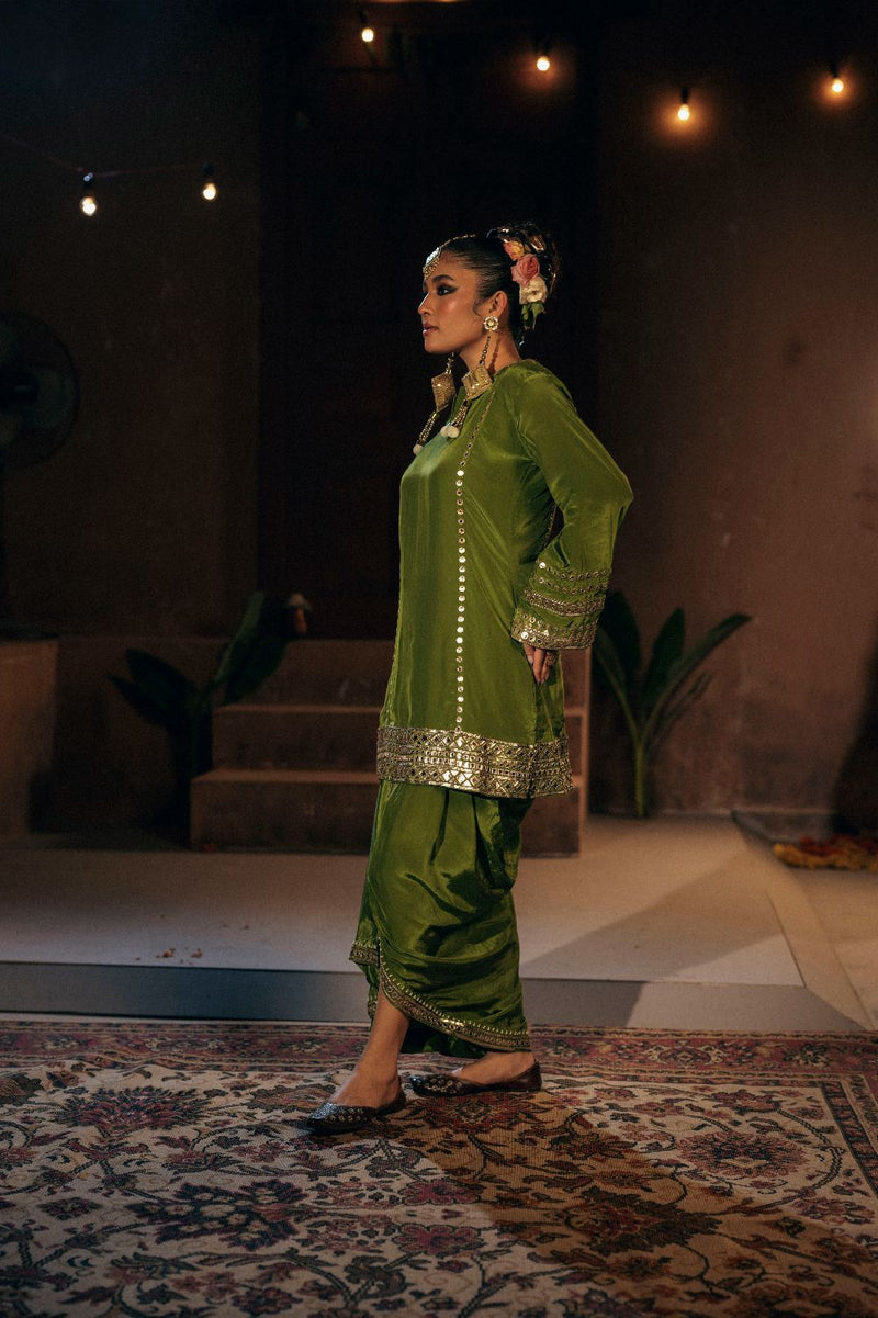 Sunira Kurta Skirt Set- Mehendi silk by PRAHNAAYA for women Worldwide